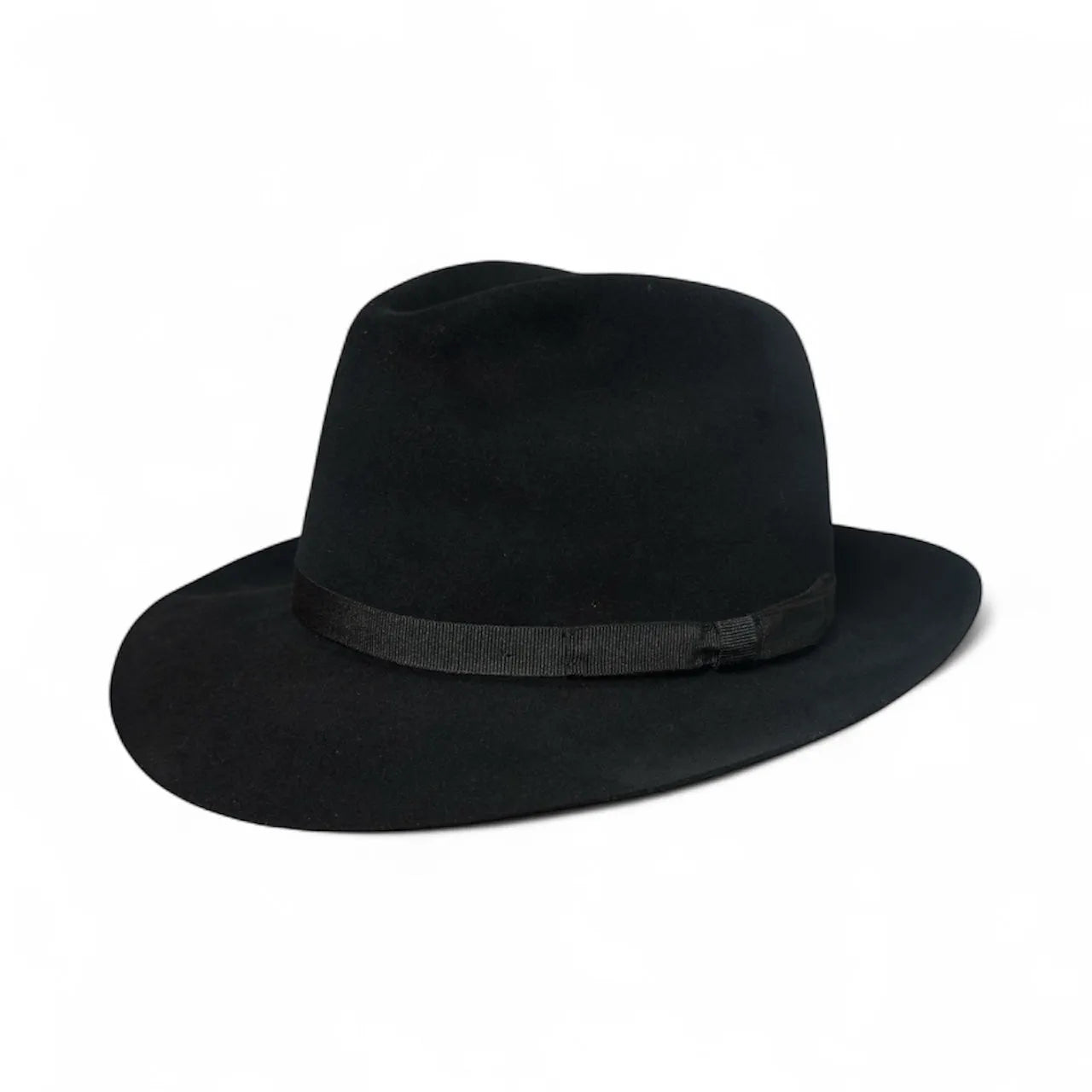 black trilby hat with a black ribbon on a white background