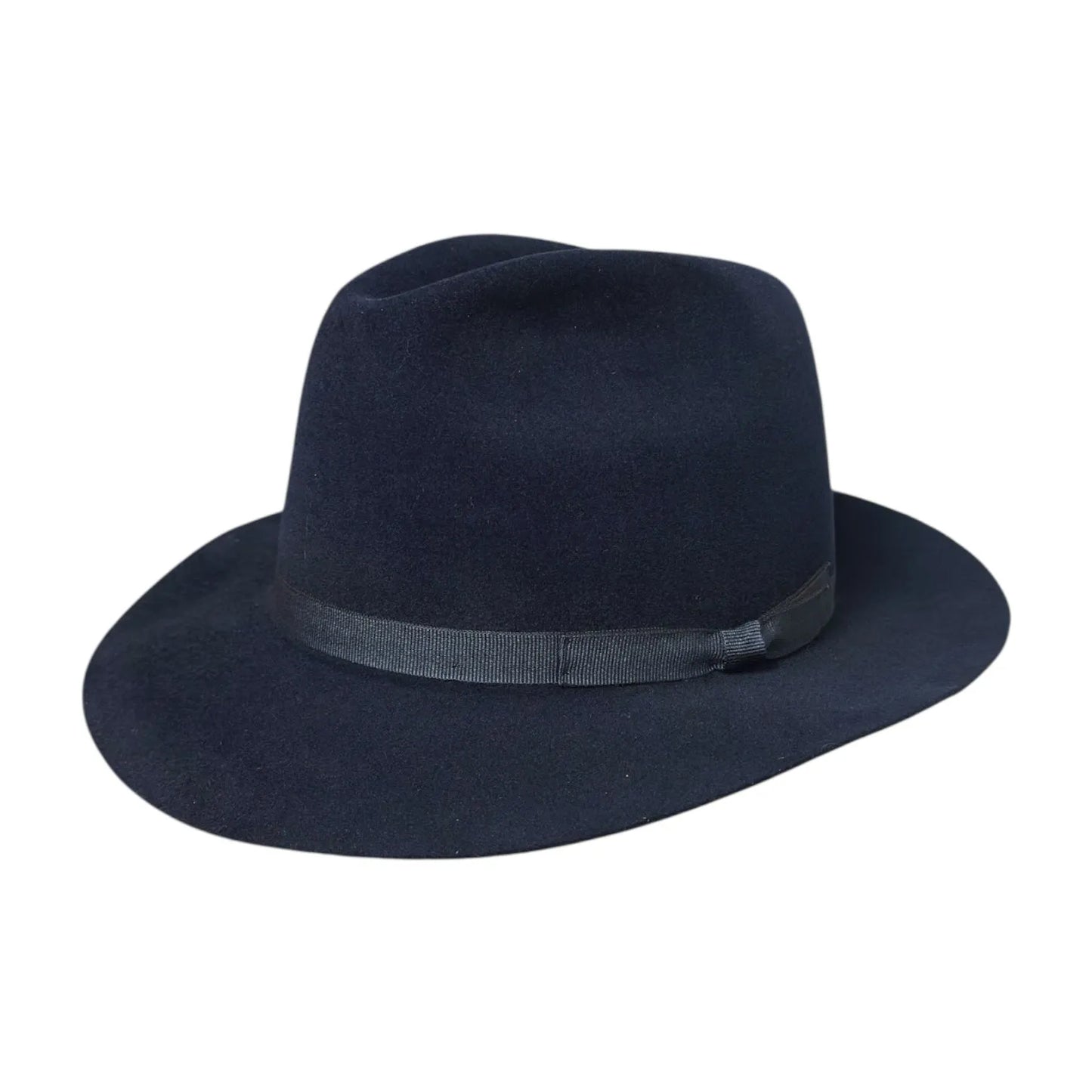 Navy trilby hat with a navy ribbon on a white background