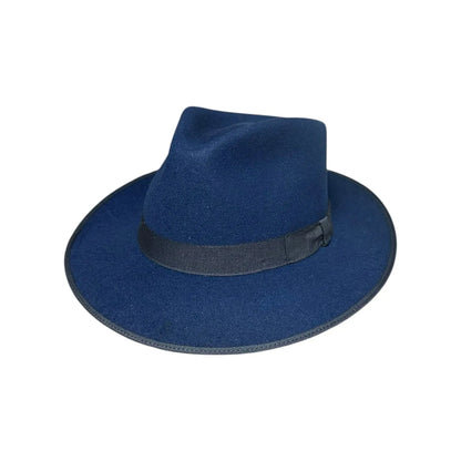 Blue fedora hat with a black band on a white background