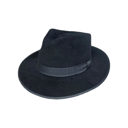 Navy-Black fedora hat with a wide brim on a white background