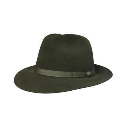 Green trilby hat with a green ribbon on a white background