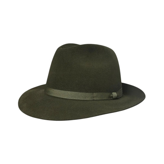 Green trilby hat with a green ribbon on a white background