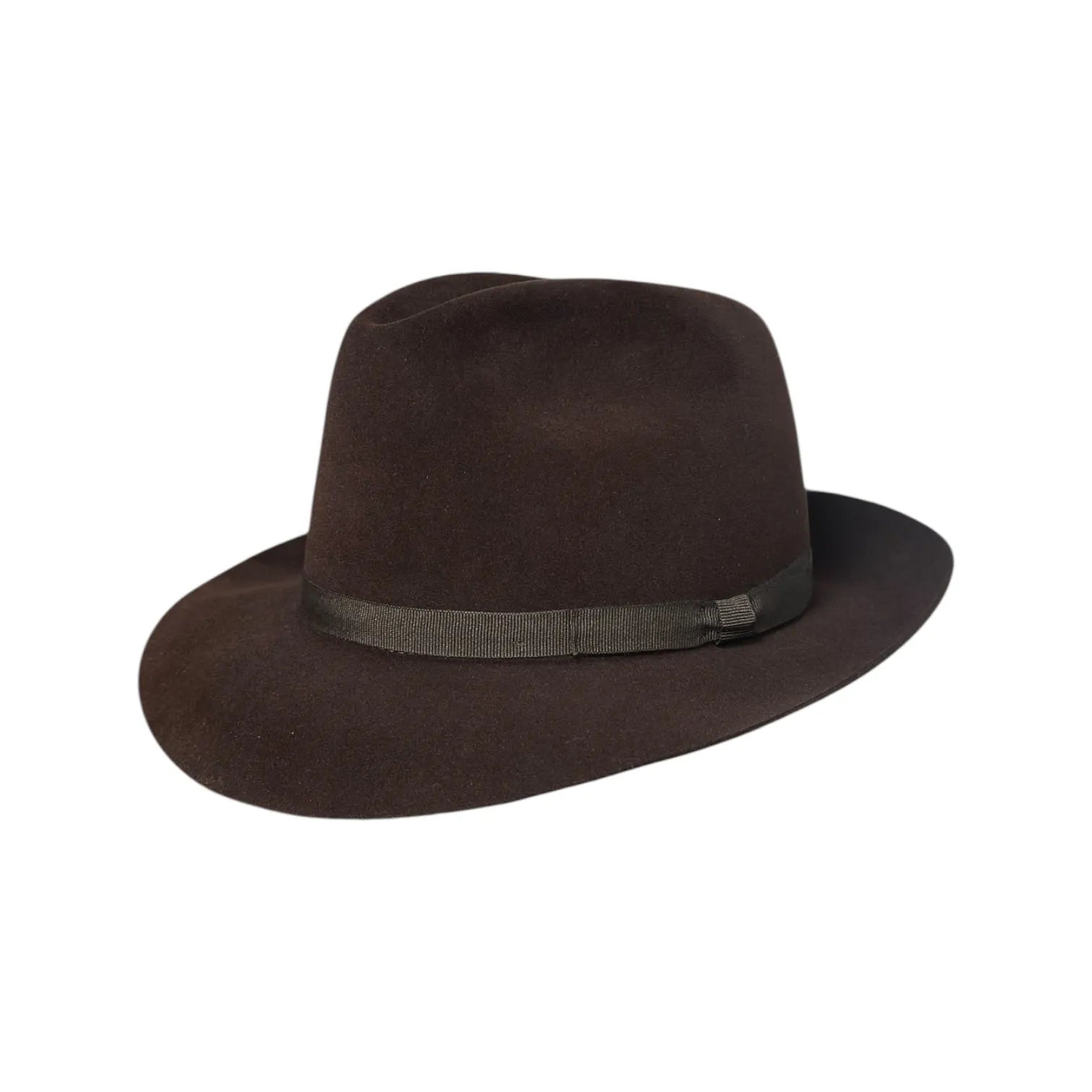 Brown trilby hat with a brown ribbon on a white background